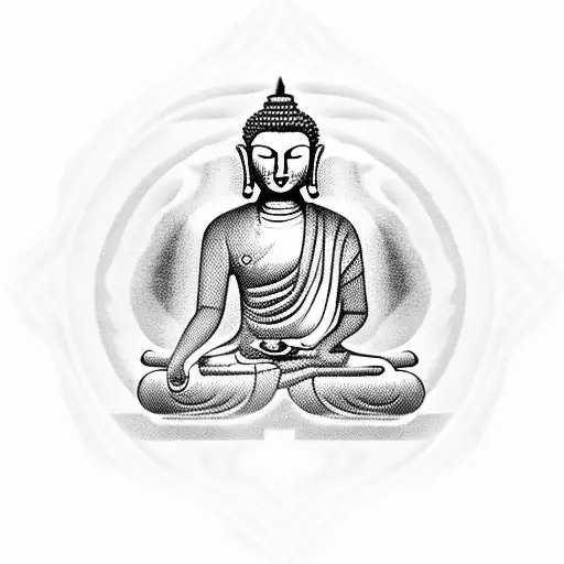 A blackwork tattoo of a meditating Buddha statue in a serene temple setting, symbolizing tranquility and spiritual enlightenment. tattoo design idea