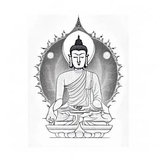 A blackwork tattoo of a meditating Buddha statue in a serene temple setting, symbolizing tranquility and spiritual enlightenment. tattoo design idea