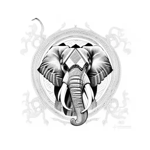 An elephant adorned with traditional Thai patterns standing in front of a stunning temple tattoo design idea