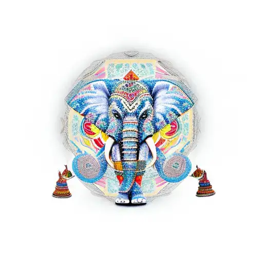 An elephant adorned with traditional Thai patterns standing in front of a stunning temple tattoo design idea