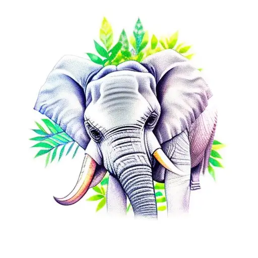 A majestic elephant wearing a traditional Thai headdress, surrounded by lush jungle foliage tattoo design idea