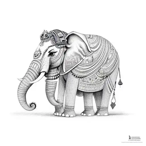 An elephant adorned with traditional Thai patterns standing in front of a stunning temple tattoo design idea