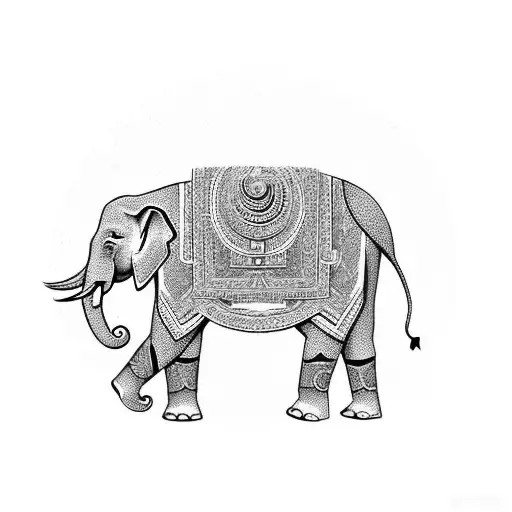 An elephant adorned with traditional Thai patterns standing in front of a stunning temple tattoo design idea