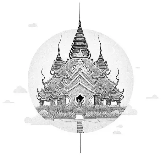 A detailed blackwork tattoo of the borders of Thailand, incorporating elements of street food, animals, and temples. tattoo design idea