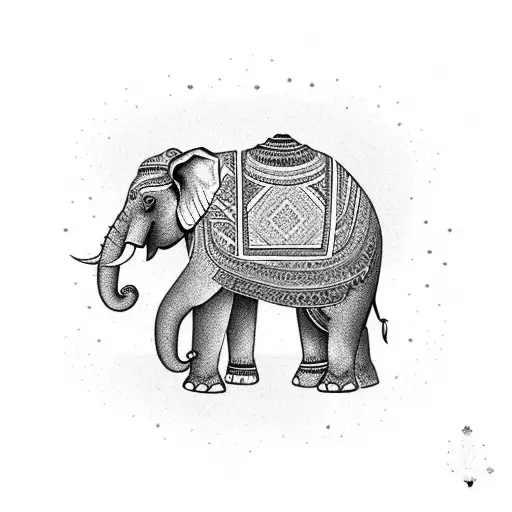 An elephant adorned with traditional Thai patterns standing in front of a stunning temple tattoo design idea