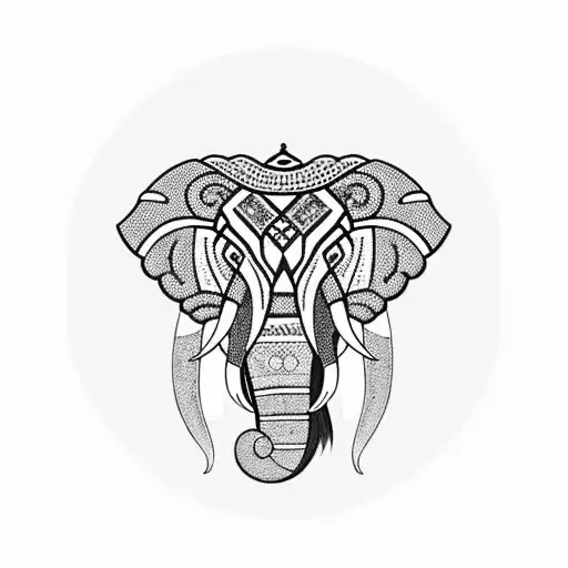 An elephant adorned with traditional Thai patterns standing in front of a stunning temple tattoo design idea