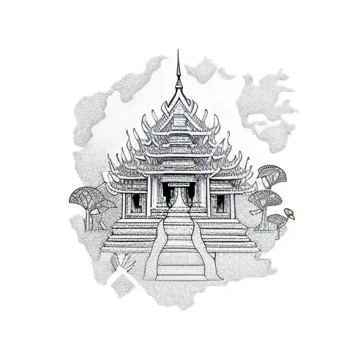 A detailed blackwork tattoo of the borders of Thailand, incorporating elements of street food, animals, and temples. tattoo design idea