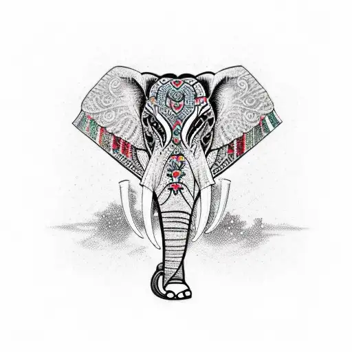 An elephant adorned with traditional Thai patterns standing in front of a stunning temple tattoo design idea