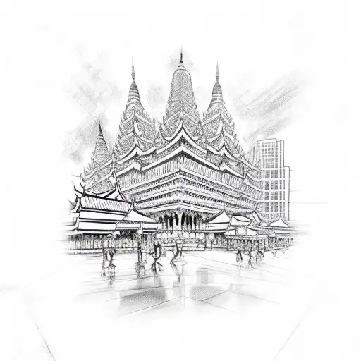 A detailed sketch of the bustling streets of Bangkok, capturing the vibrant energy and rich cultural diversity of the city, with iconic landmarks like temples and tuk-tuks. tattoo design idea