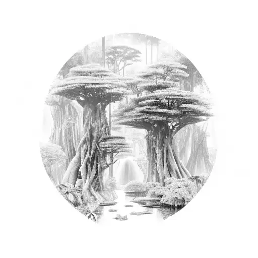 A mystical jungle landscape with hidden temples peeking through the trees tattoo design idea
