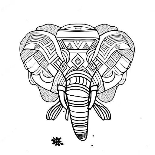 An elephant adorned with traditional Thai patterns standing in front of a stunning temple tattoo design idea