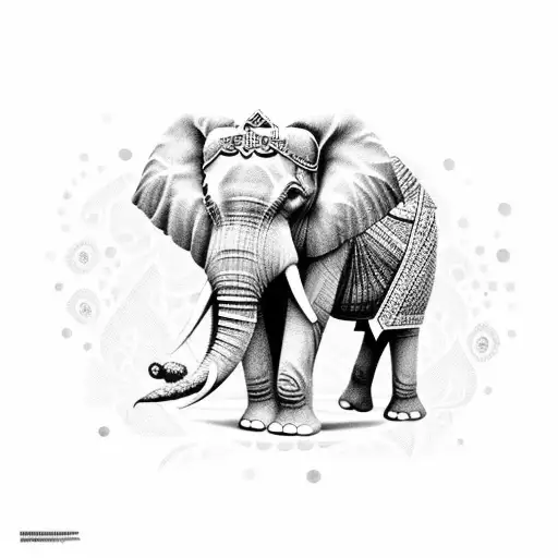 An elephant adorned with traditional Thai patterns standing in front of a stunning temple tattoo design idea