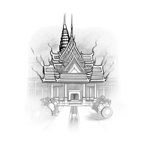 A detailed sketch of the bustling streets of Bangkok, capturing the vibrant energy and rich cultural diversity of the city, with iconic landmarks like temples and tuk-tuks. tattoo design idea