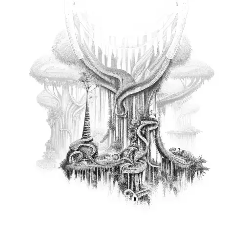 A mystical jungle landscape with hidden temples peeking through the trees tattoo design idea