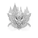 A dotwork tattoo featuring the silhouette of Thailand with intricate traditional Thai art depicting the vibrant street food and the tranquil beauty of Koh Samui tattoo design idea