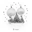 A dotwork tattoo featuring the silhouette of Thailand with intricate traditional Thai art depicting the vibrant street food and the tranquil beauty of Koh Samui tattoo design idea