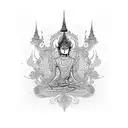 A dotwork tattoo featuring the silhouette of Thailand with intricate traditional Thai art depicting the vibrant street food and the tranquil beauty of Koh Samui tattoo design idea