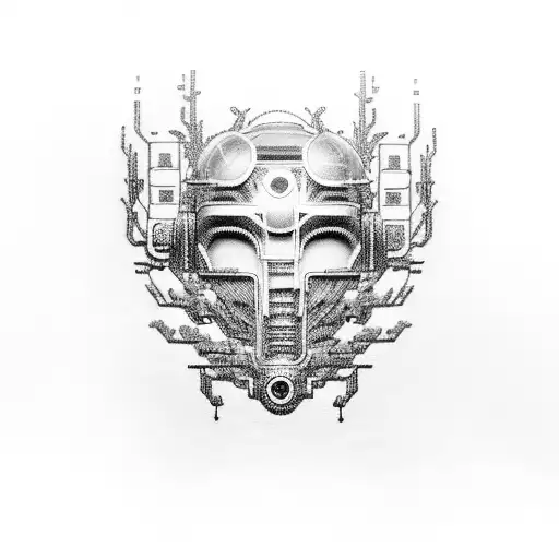 A dotwork tattoo of a futuristic cyborg infused with elements from The Witcher universe, showcasing the client's love for both electronic and fantasy themes tattoo design idea