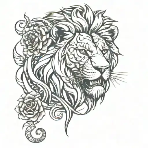 tattoo of a blue-eyed lion roaring and above it a machinery and above it a rose tattoo design idea