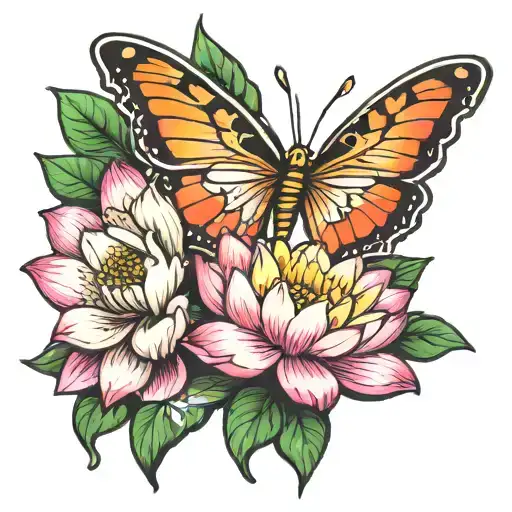 lotus flower with butterfly and shamrock clove tattoo design idea