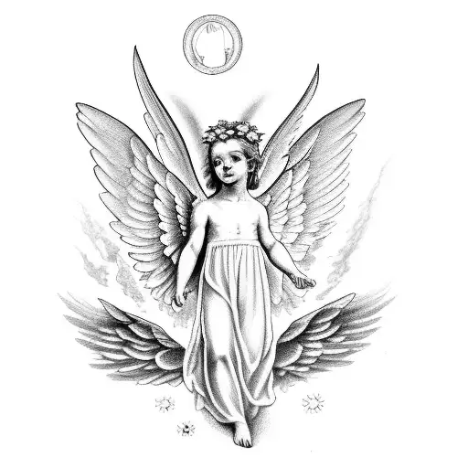Incorporate a Bible scripture into a realistic black and white tattoo of a cherub angel tattoo design idea