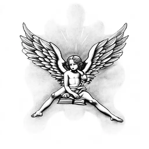 Design a blackwork tattoo featuring a powerful Bible scripture with a realistic depiction of a cherub angel tattoo design idea