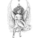 Design a blackwork tattoo featuring a powerful Bible scripture with a realistic depiction of a cherub angel tattoo design idea