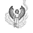 Design a blackwork tattoo featuring a powerful Bible scripture with a realistic depiction of a cherub angel tattoo design idea