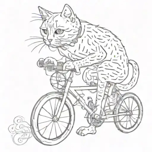 sad cat sits and smokes around bicycle parts tattoo design idea