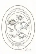 Create a circular or mandala design where Pisces fish form the outer ring, Libra scales are centrally placed tattoo design idea