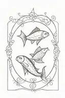 Create a circular or mandala design where Pisces fish form the outer ring, Libra scales are centrally placed tattoo design idea