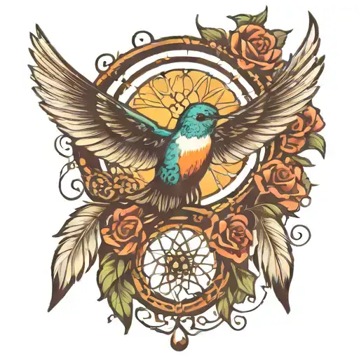 an infinity symbol, a hummingbird on the left, the word loyal on the right and a dream catcher tattoo design idea