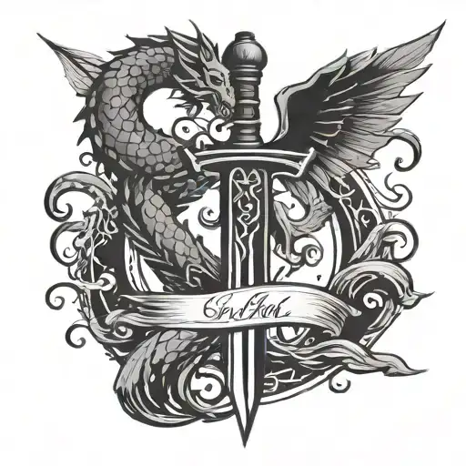 Black logo of a sword that turns into a fountain pen with dragon wings and swirling ink, minimalistic, black logo tattoo design idea