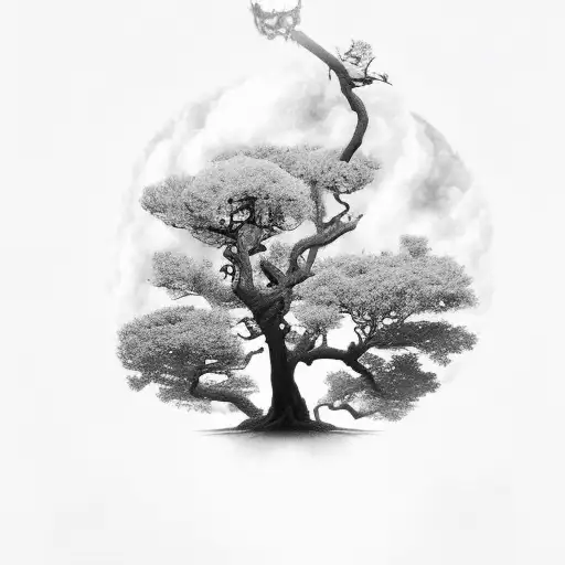 tree with clouds and a wizard with a magic wand shooting lightning tattoo design idea