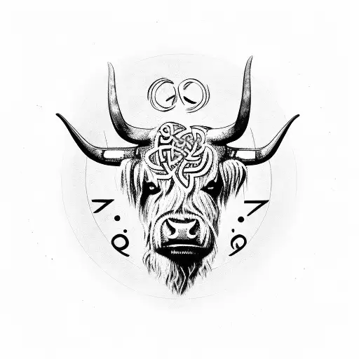 Highland cow with circle of anglo-saxon runes around it tattoo design idea