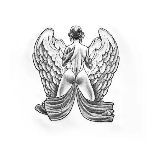 a tattoo to do on a calf that depicts an angel from behind with wings forming a v. Black and white tattoo with some shad tattoo design idea