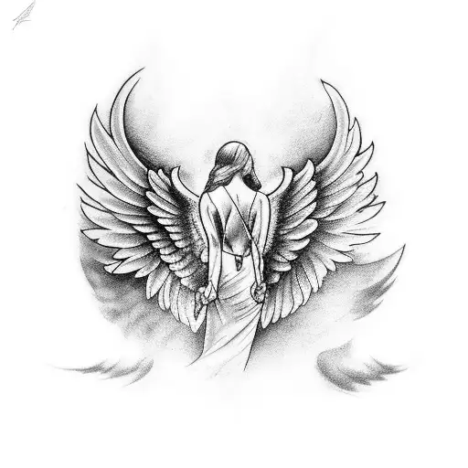 a tattoo to do on a calf that depicts an angel from behind with wings forming a v. Black and white tattoo with some shad tattoo design idea