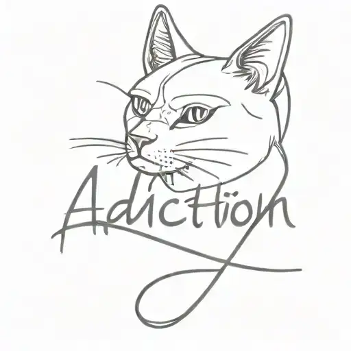A sketch tattoo of a cat with the word 'addiction' written in a creative font, symbolizing a love for cats and the conce tattoo design idea