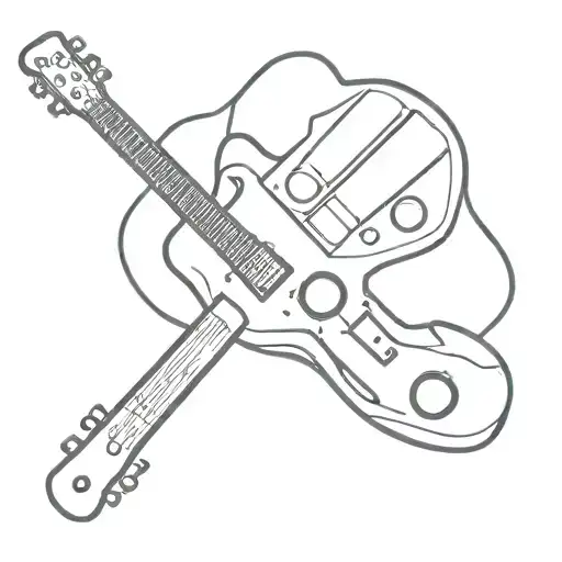 A tattoo design featuring a rock music inspired guitar with cooking utensils intertwined, surrounded by video game contr tattoo design idea
