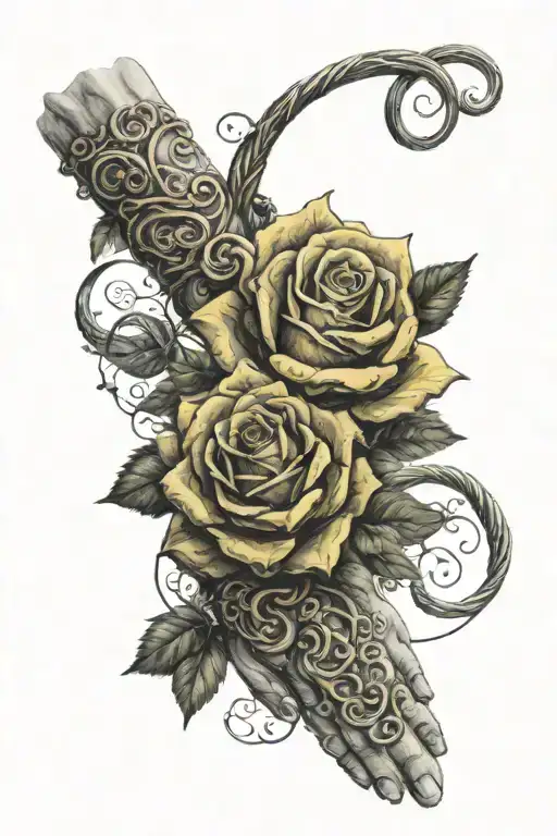 PRAYER HANDS, WRAPPED IN YELLOW ROSES WITH AN INFINITY SYMBOL AND A BIRTHDAY OF 11/15/1965 tattoo design idea