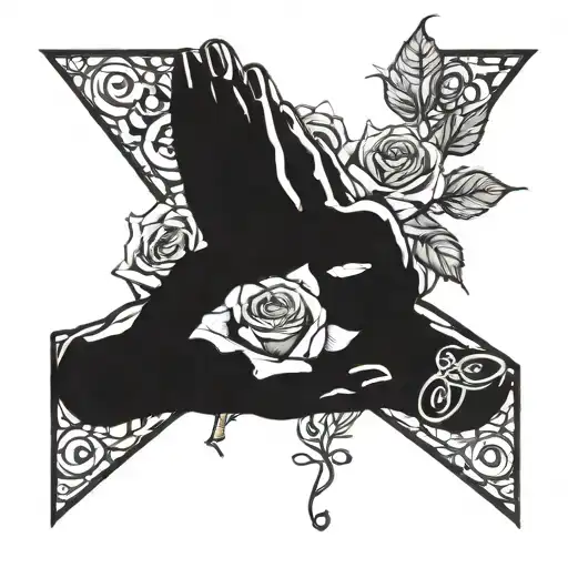 PRAYER HANDS, WRAPPED IN YELLOW ROSES WITH AN INFINITY SYMBOL AND A BIRTHDAY OF 11/15/1965 tattoo design idea