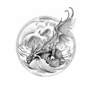 A majestic mountain landscape with a mythical creature like a griffin or dragon intertwined with flowers and ocean waves tattoo design idea