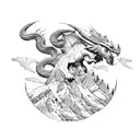 A majestic mountain landscape with a mythical creature like a griffin or dragon intertwined with flowers and ocean waves tattoo design idea