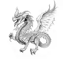 A majestic mountain landscape with a mythical creature like a griffin or dragon intertwined with flowers and ocean waves tattoo design idea