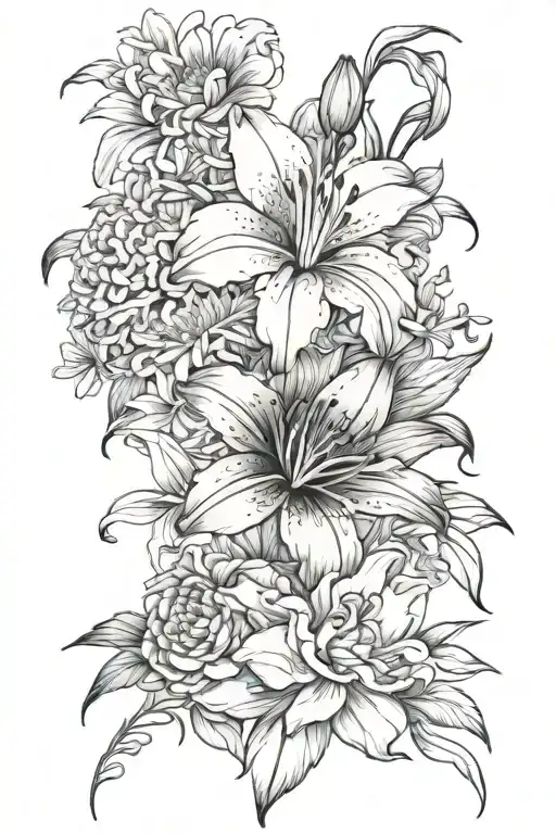 lily, carnation, gladiolus, chrysanthemum bouquet tattoo design idea