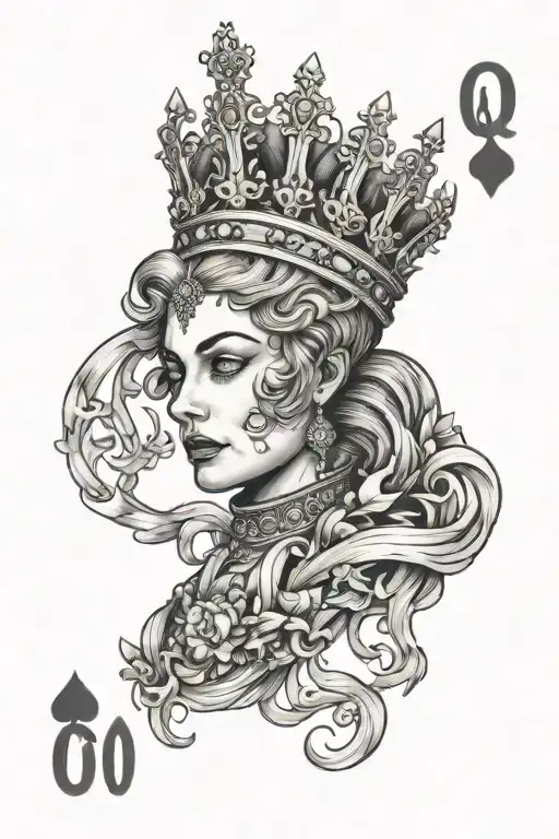 a burning Queen Card with a hot Woman Inside of the Card   tattoo design idea