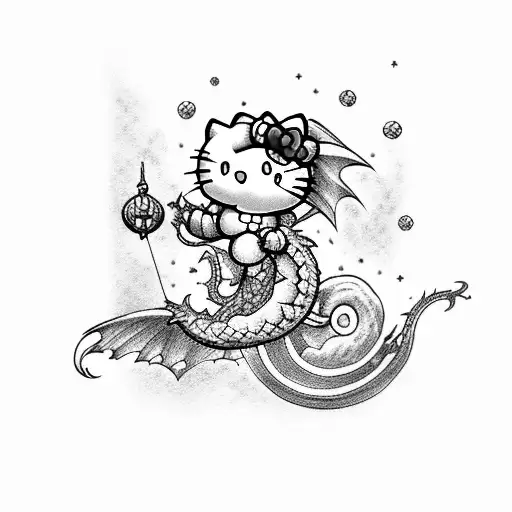 hello kitty flying on a dragon tattoo design idea