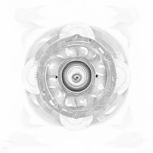 A karma sign formed by fish swimming in a circular pattern, with an intuition eye in the center. tattoo design idea