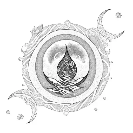 A crescent moon with lotus flowers blooming underneath, surrounded by a swirling airplane trail. tattoo design idea