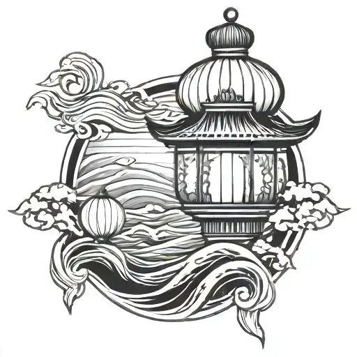 Chinese lantern above water waves tattoo design idea
